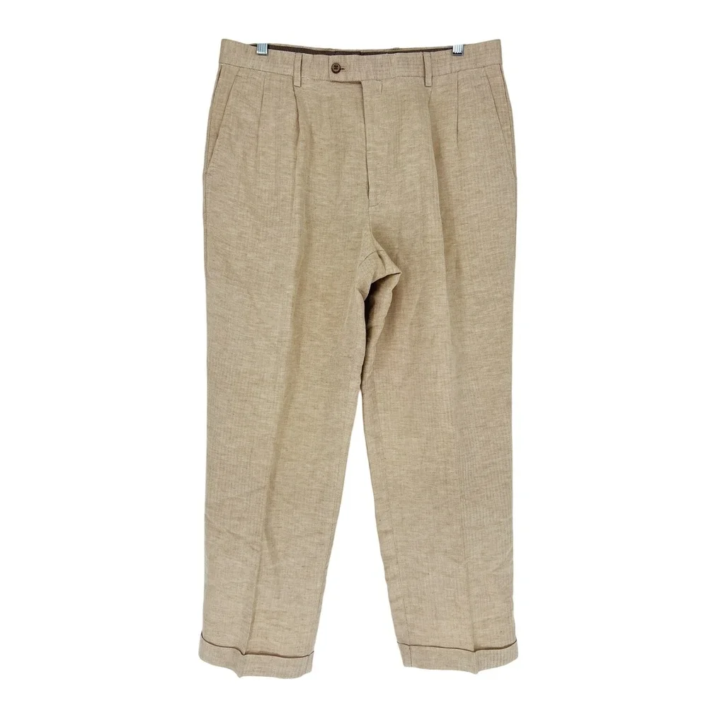 Sette Ponti Pleated Trousers Mens 36x29 Tan Silk Linen Herringbone Cuffed Luxe